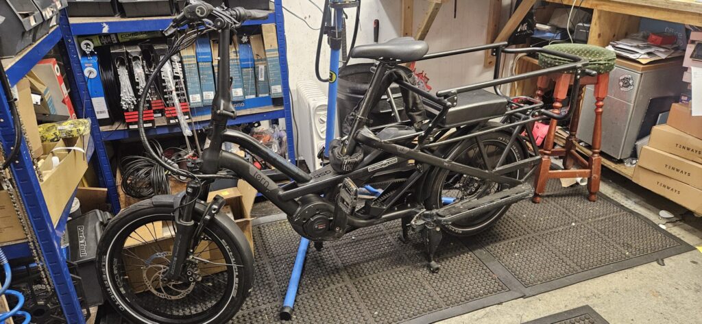 Our rental Tern GSD S00 in black, in the Butternut Bikes workshop