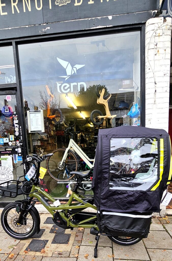 Tern GSD S10 Gen 3 with Clubhouse, Storm Box and Storm Shield outside Butternut Bikes in Crouch End