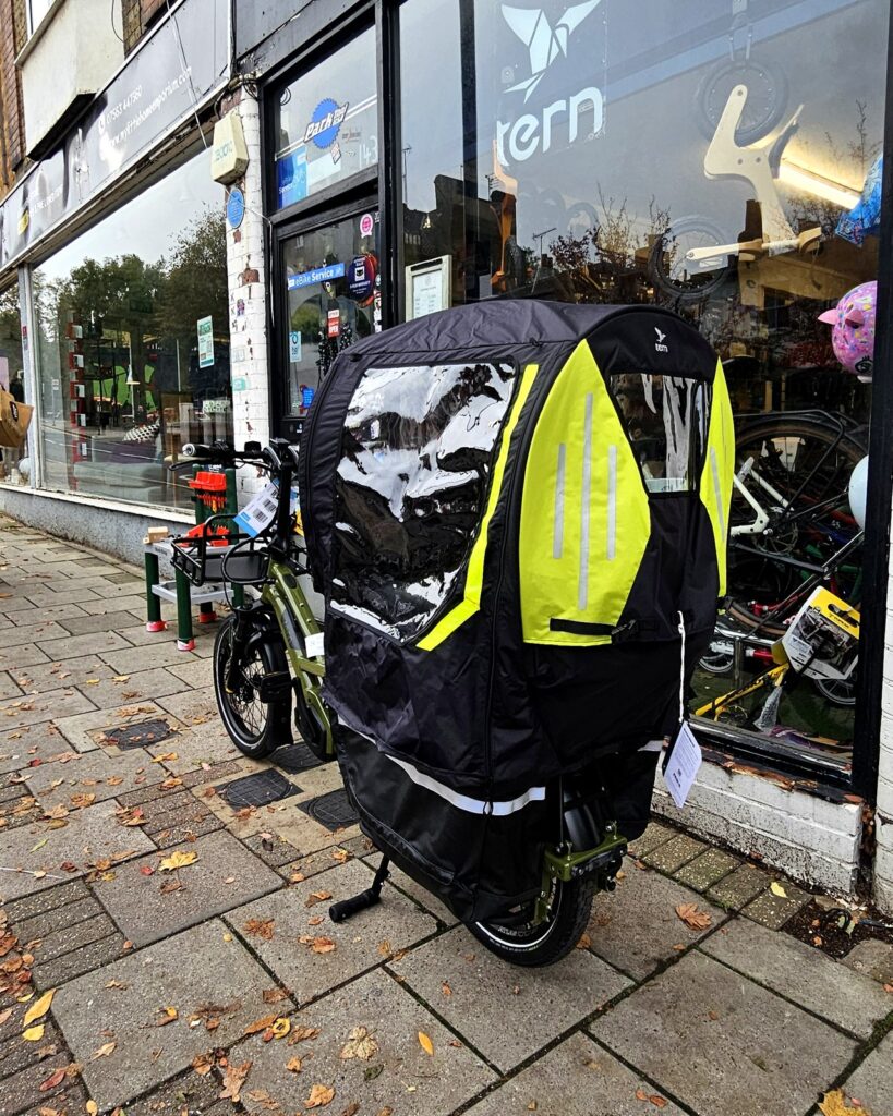 Rear view of the Tern Storm Shield and Storm Box on a GSD S10 Gen 3 outside Butternut Bikes