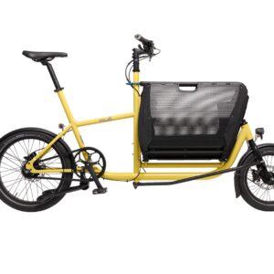 Muli Muskel non-electric cargo bike in Fresh Lemon, side view with the front basket open